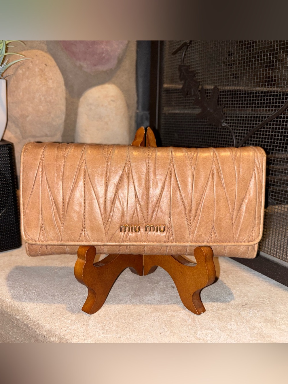 Miu Miu Quilted Leather Fold-Over Wallet in Camel Tan